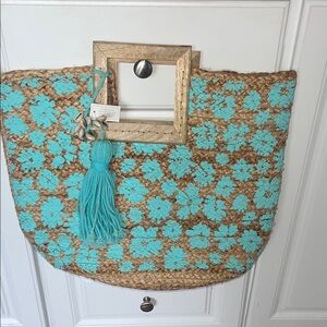 Jute Woven Tote Bag with seashell charm Tassel - Aqua and Tan